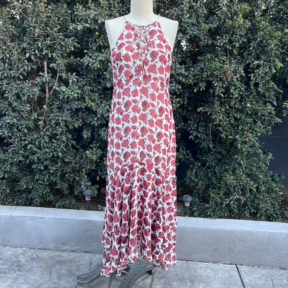 Betsey Johnson Women's Floral Printed Lace-Up Maxi Dress Ruffle Size 4 Red White